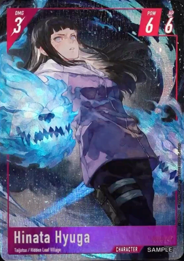 Hinata Hyuga display card with a purple frame, DMG 3 POW 6 HP 6