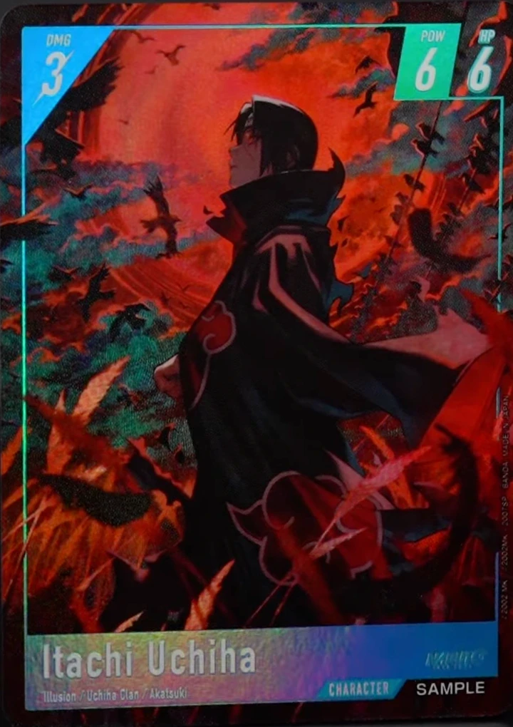 Itachi Uchiha display card with a red frame, DMG 3 POW 6 HP 6