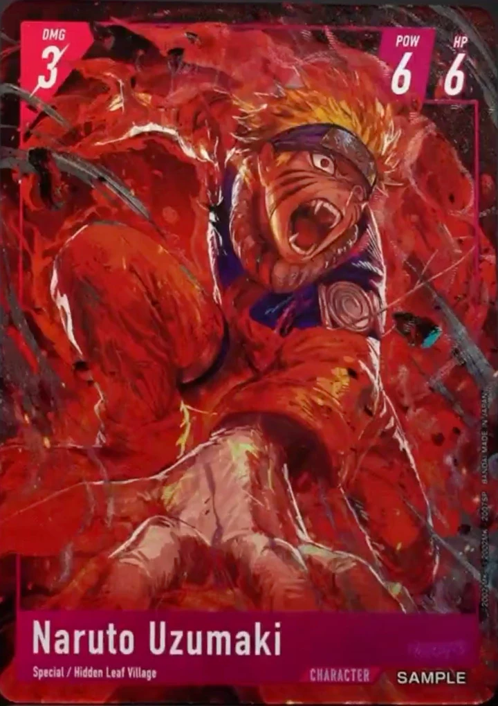 Naruto Uzumaki display card with a red frame, DMG 3 POW 6 HP 6