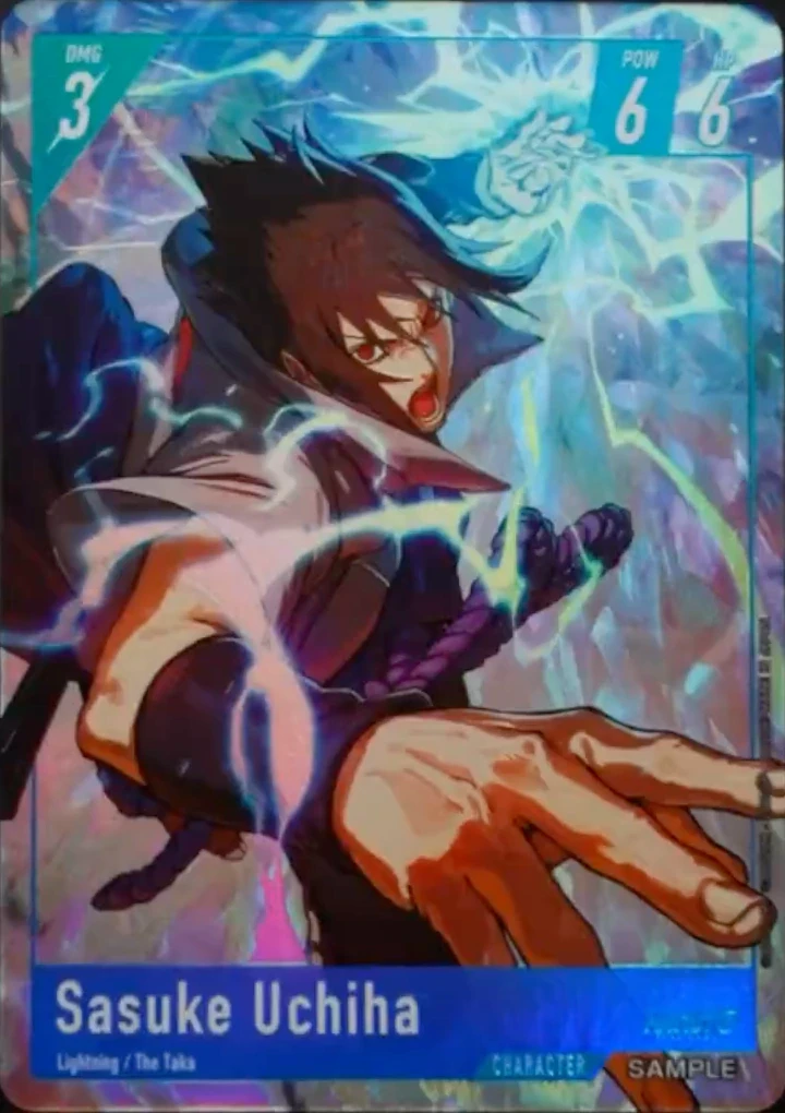 Sasuke Uchiha Chidori display card with a blue frame, DMG 3 POW 6 HP 6