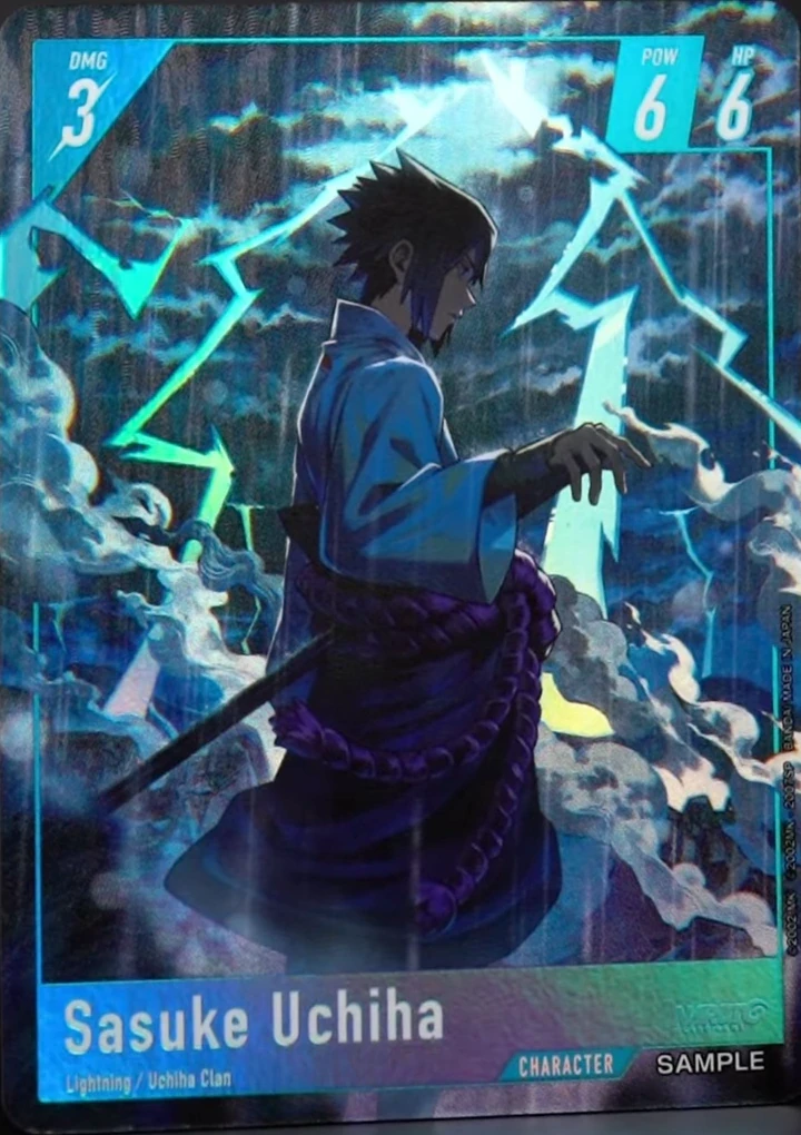 Sasuke Uchiha display card with a blue frame, DMG 3 POW 6 HP 6