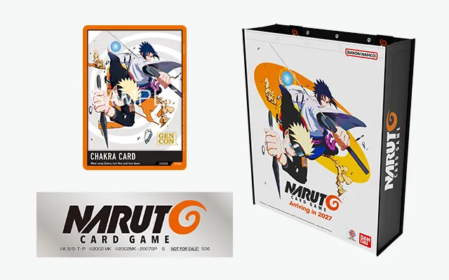 The Gen Con 2026 tutorial gift set for Bandai's Naruto Card Game: the CP-001 Chakra card, a branded backpack and the game logo card