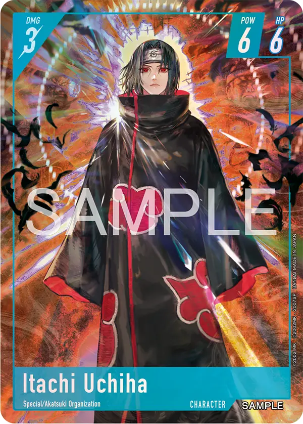 Itachi Uchiha Character card from Bandai's Naruto Card Game, teal frame and Akatsuki cloak, tagged Special and Akatsuki Organization