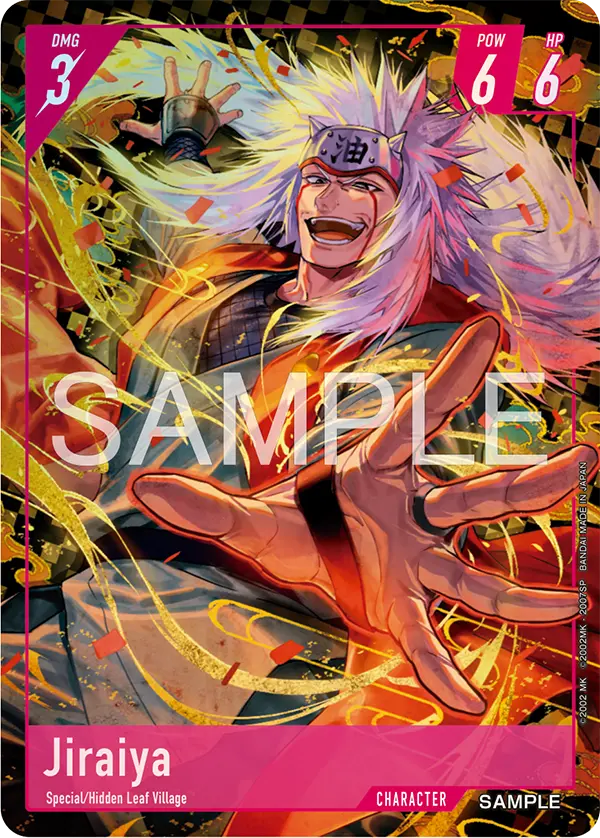 Jiraiya Character card from Bandai's Naruto Card Game, magenta frame and gold effect work, tagged Special and Hidden Leaf Village
