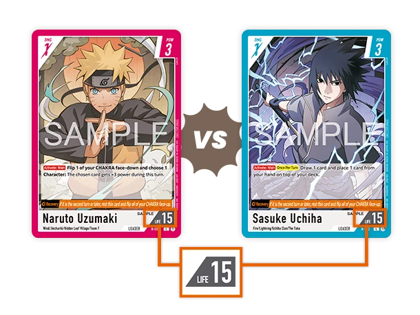 The Naruto Uzumaki and Sasuke Uchiha Leader cards from Bandai's Naruto Card Game, both printed DMG 1 POW 3 Life 15