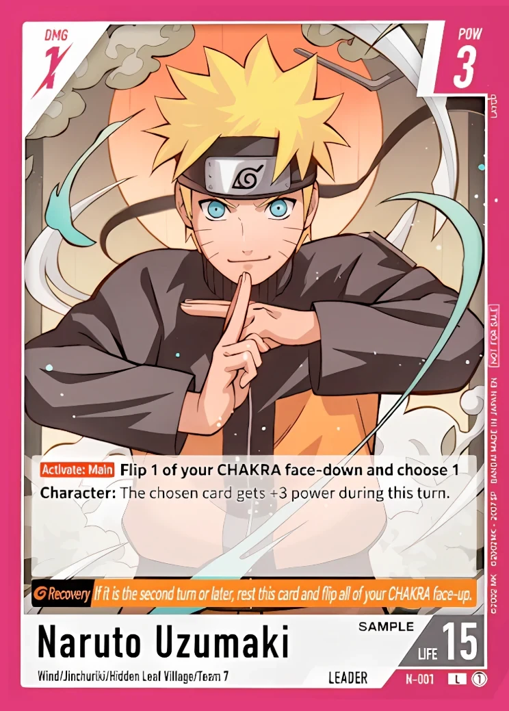 N-001 Naruto Uzumaki Leader card from Bandai's Naruto Card Game, red frame, DMG 1 POW 3 HP 15