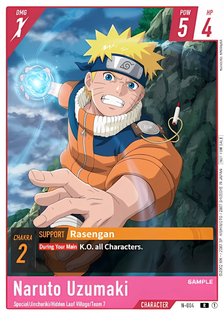 N-004 Naruto Uzumaki Character card from Bandai's Naruto Card Game, red frame, Rasengan