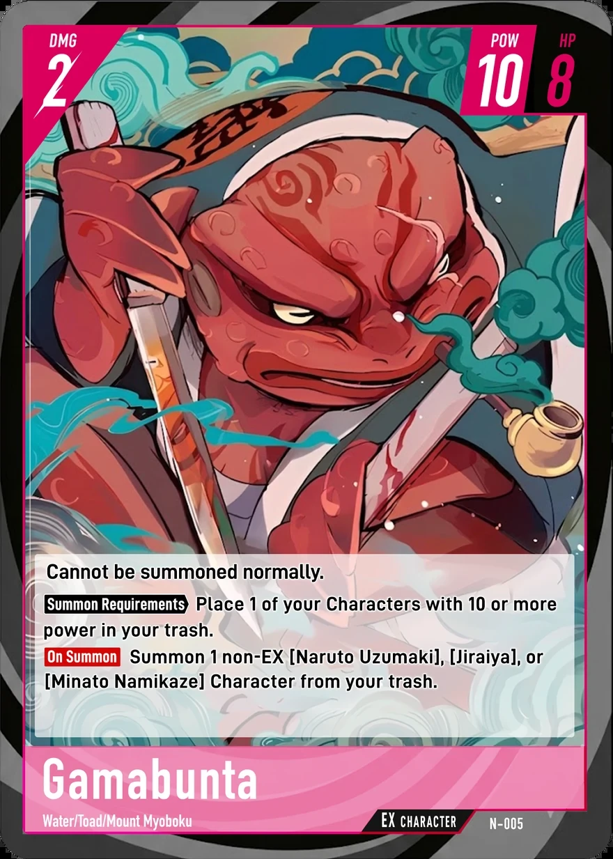 N-005 Gamabunta EX Character card from Bandai's Naruto Card Game, red frame, DMG 2 POW 10 HP 8
