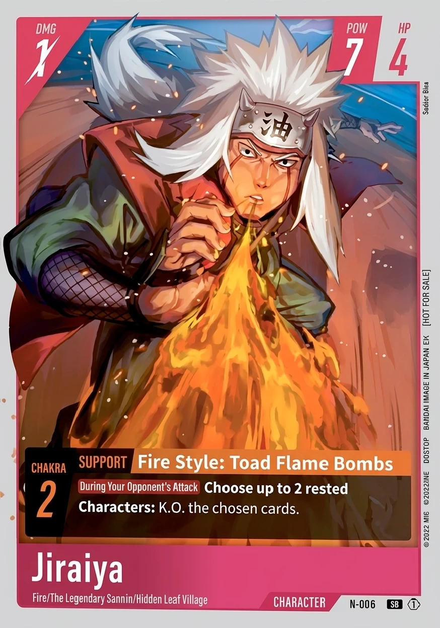 N-006 Jiraiya Character card from Bandai's Naruto Card Game, red frame, Toad Flame Bombs