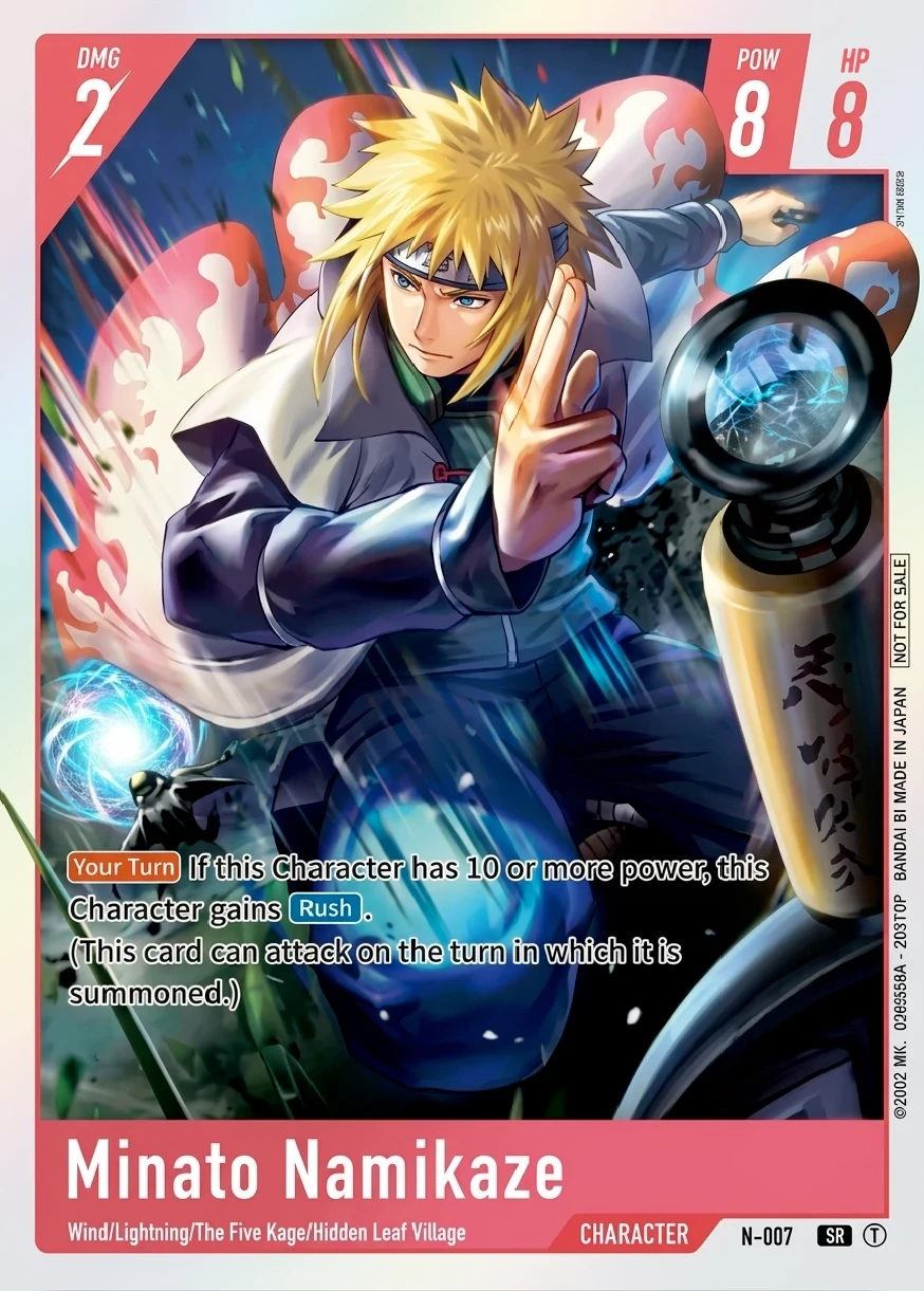 N-007 Minato Namikaze Character card from Bandai's Naruto Card Game, red frame, gains Rush