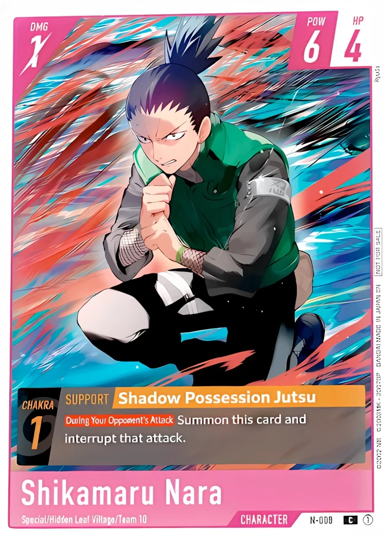 N-008 Shikamaru Nara Character card from Bandai's Naruto Card Game, red frame, Shadow Possession Jutsu
