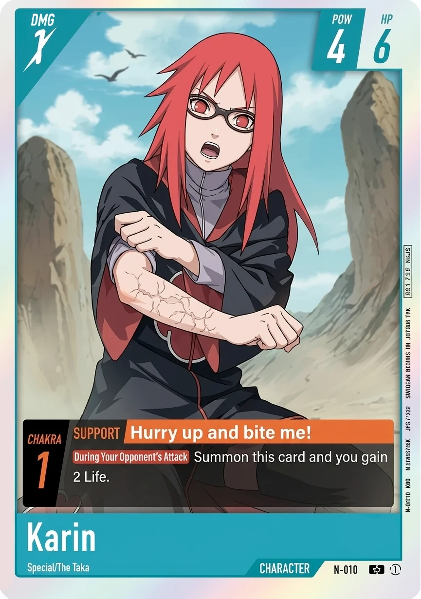 N-010 Karin Character card from Bandai's Naruto Card Game, blue frame, The Taka