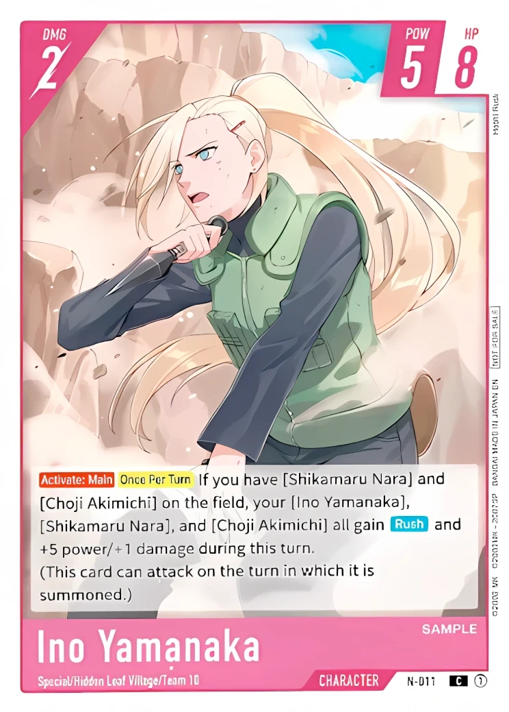 N-011 Ino Yamanaka Character card from Bandai's Naruto Card Game, red frame, Team 10 combination