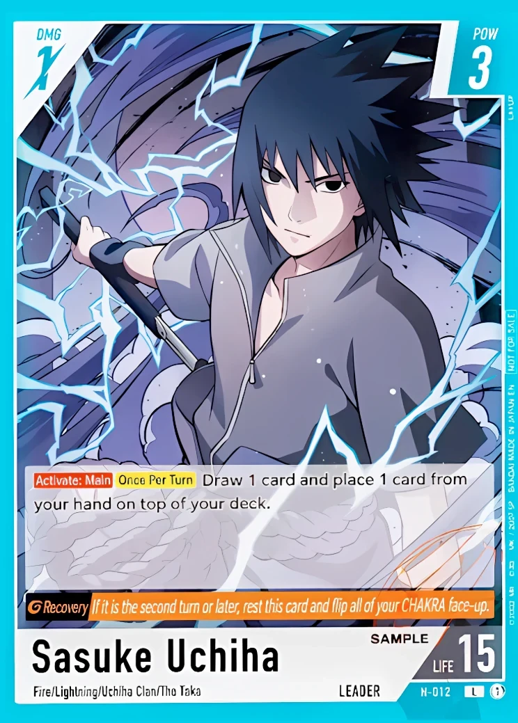 N-012 Sasuke Uchiha Leader card from Bandai's Naruto Card Game, blue frame, DMG 1 POW 3 HP 15