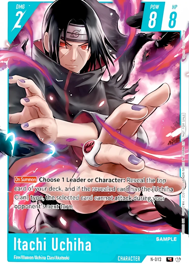 N-013 Itachi Uchiha Character card from Bandai's Naruto Card Game, blue frame, Uchiha Clan