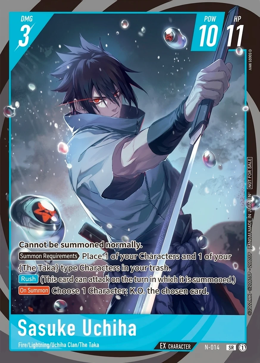 N-014 Sasuke Uchiha EX Character card from Bandai's Naruto Card Game, blue frame, DMG 3 POW 10 HP 11