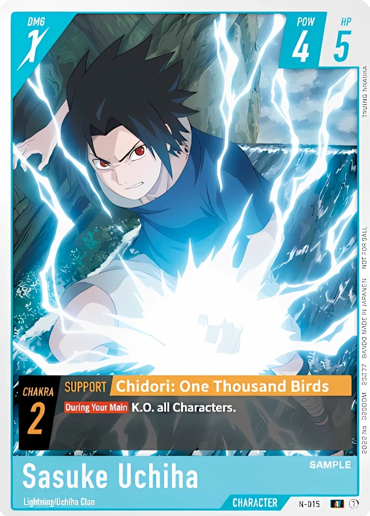N-015 Sasuke Uchiha Character card from Bandai's Naruto Card Game, blue frame, Chidori