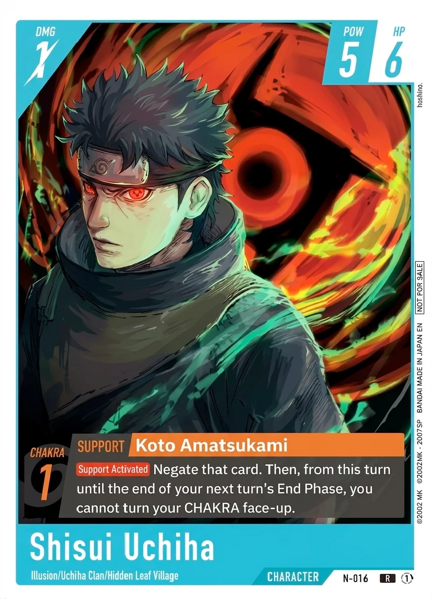 N-016 Shisui Uchiha Character card from Bandai's Naruto Card Game, blue frame, Koto Amatsukami