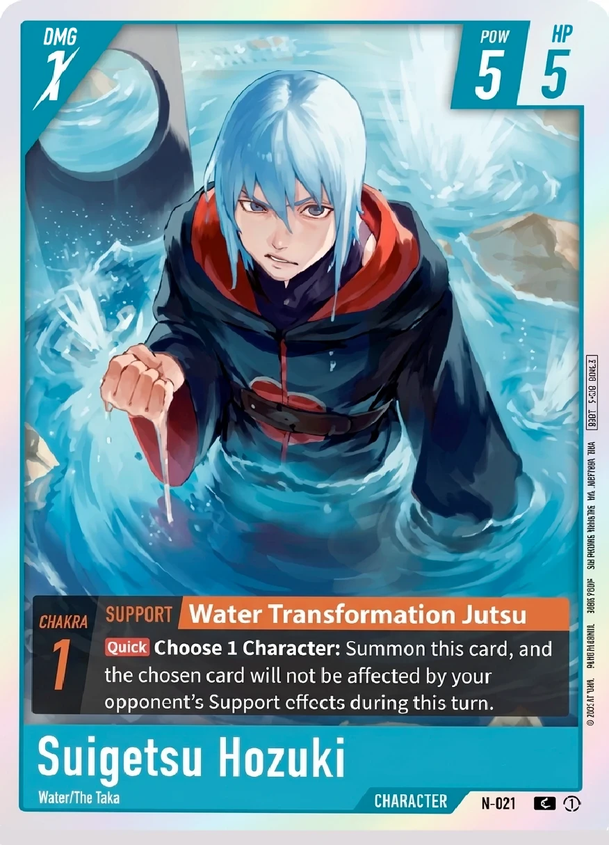 N-021 Suigetsu Hozuki Character card from Bandai's Naruto Card Game, blue frame, Water Transformation Jutsu