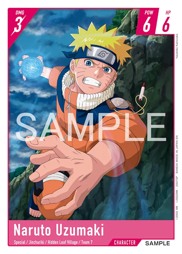 Naruto Uzumaki Character card from Bandai's Naruto Card Game, magenta frame built from anime footage, tagged Special, Jinchuriki, Hidden Leaf Village and Team 7