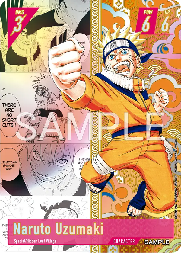 Naruto Uzumaki Character card from Bandai's Naruto Card Game, magenta frame with black-and-white manga panels, tagged Special and Hidden Leaf Village