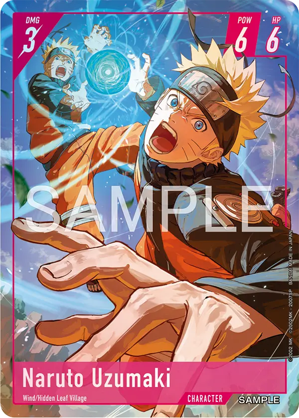 Naruto Uzumaki Character card from Bandai's Naruto Card Game, magenta frame, tagged Wind and Hidden Leaf Village