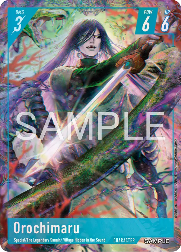 Orochimaru Character card from Bandai's Naruto Card Game, teal frame, tagged Special, The Legendary Sannin and Village Hidden in the Sound