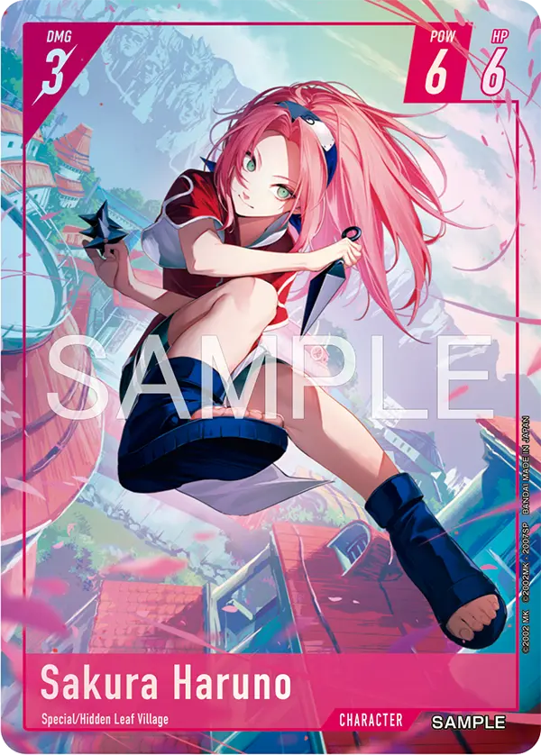Sakura Haruno Character card from Bandai's Naruto Card Game, magenta frame, tagged Special and Hidden Leaf Village