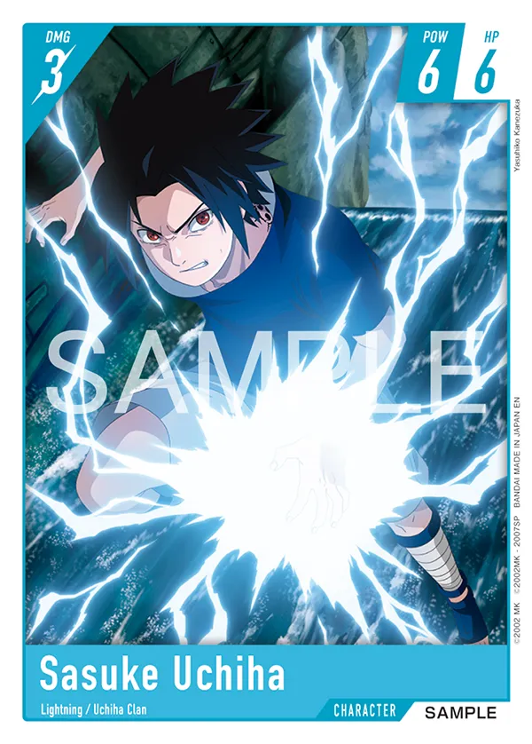 Sasuke Uchiha Character card from Bandai's Naruto Card Game, teal frame built from anime footage, tagged Lightning and Uchiha Clan