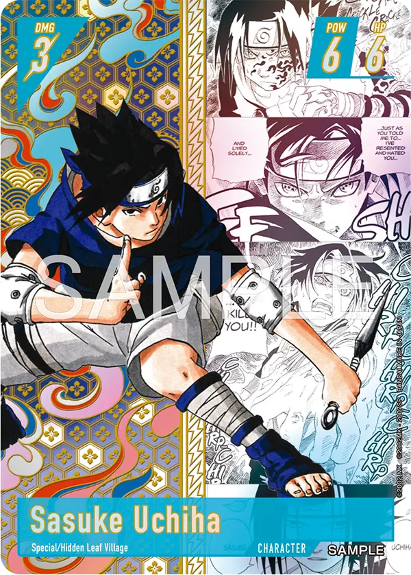 Sasuke Uchiha Character card from Bandai's Naruto Card Game, teal frame with black-and-white manga panels, tagged Special and Hidden Leaf Village