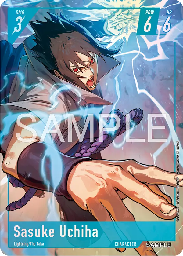 Sasuke Uchiha Character card from Bandai's Naruto Card Game, teal frame, Lightning Chidori artwork, tagged Lightning and The Taka