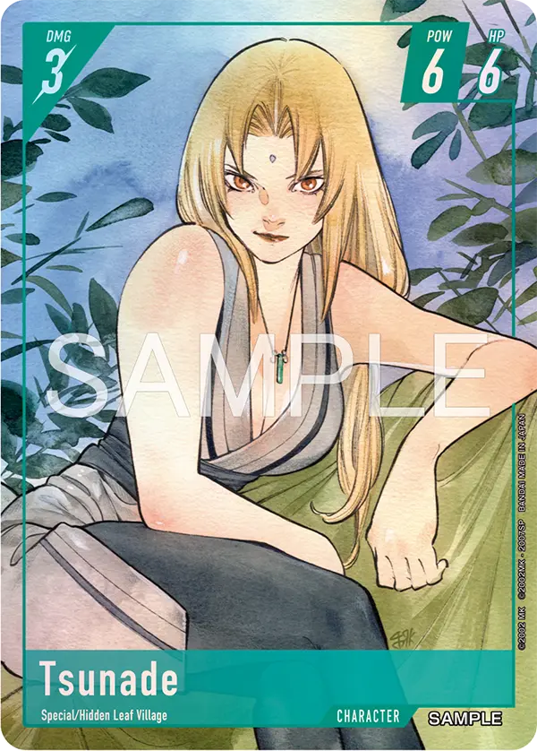 Tsunade Character card from Bandai's Naruto Card Game, the only green frame in the revealed set, tagged Special and Hidden Leaf Village