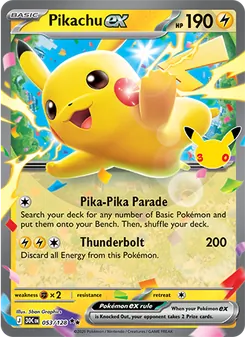 Pikachu ex — 30th Celebration #053, 2026. Illustrated by 5ban Graphics.