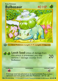 Bulbasaur — Base Set #44, 1999. Illustrated by Mitsuhiro Arita.
