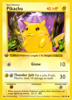 Pikachu — Base Set #58, 1999. Illustrated by Mitsuhiro Arita.