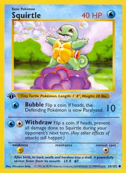 Squirtle — Base Set #63, 1999. Illustrated by Mitsuhiro Arita.