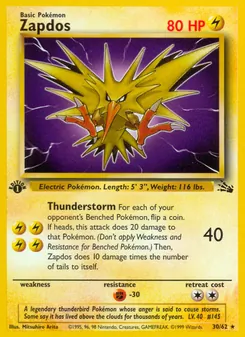 Zapdos — Fossil #30, 1999. Illustrated by Mitsuhiro Arita.
