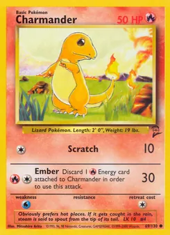 Charmander — Base Set 2 #69, 2000. Illustrated by Mitsuhiro Arita.