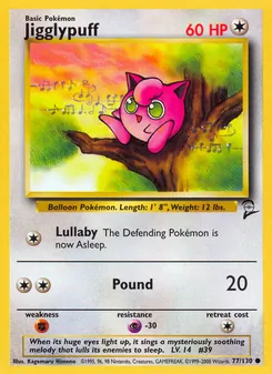 Jigglypuff — Base Set 2 #77, 2000. Illustrated by Kagemaru Himeno.