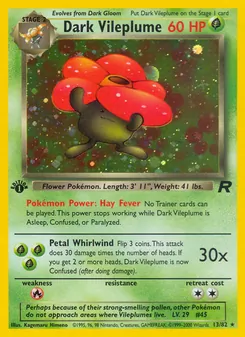 Dark Vileplume — Team Rocket #13, 2000. Illustrated by Kagemaru Himeno.