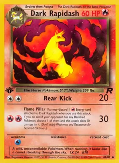 Dark Rapidash — Team Rocket #44, 2000. Illustrated by Kagemaru Himeno.
