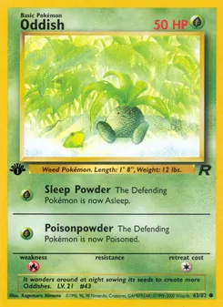 Oddish — Team Rocket #63, 2000. Illustrated by Kagemaru Himeno.