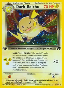 Dark Raichu — Team Rocket #83, 2000. Illustrated by Mitsuhiro Arita.