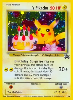 ___________'s Pikachu — Wizards Black Star Promos #24, 1999. Illustrated by Kagemaru Himeno.