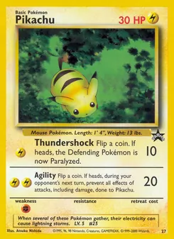 Pikachu — Wizards Black Star Promos #27, 1999. Illustrated by Atsuko Nishida.