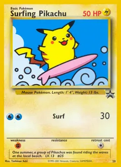 Surfing Pikachu — Wizards Black Star Promos #28, 1999. Illustrated by Toshinao Aoki.