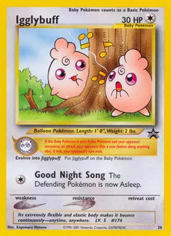 Igglybuff — Wizards Black Star Promos #36, 1999. Illustrated by Kagemaru Himeno.