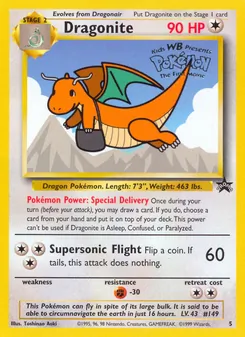 Dragonite — Wizards Black Star Promos #5, 1999. Illustrated by Toshinao Aoki.