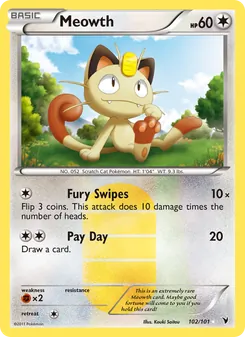 Meowth — Noble Victories #102, 2011. Illustrated by Kouki Saitou.