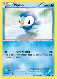 Piplup — Dark Explorers #27, 2012. Illustrated by Kouki Saitou.